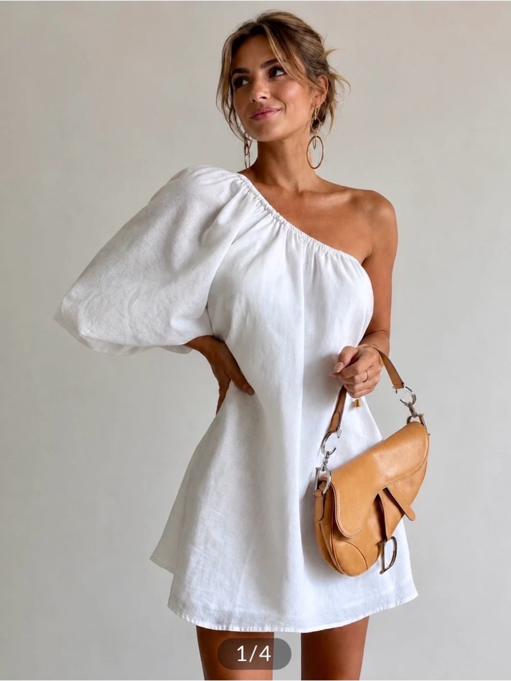 Commense Aegen Cotton Linen One Sleeve Short Dress Mini XS White Goddess Minimal
